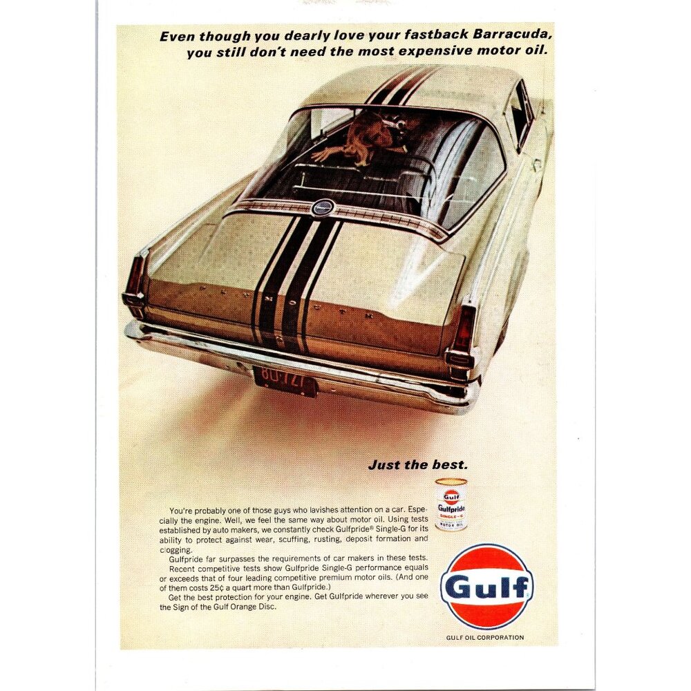 1966 Gulf Single-G Motor Oil Blonde Plymouth Barracuda Vintage Print Ad Wall Art